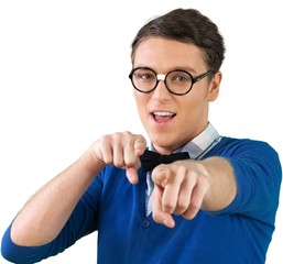 Nerd Man Pointing at Camera, Isolated
