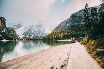 Poster Great alpine lake Braies. Location place Dolomiti, national park Fanes-Sennes-Braies, Italy. © Leonid Tit