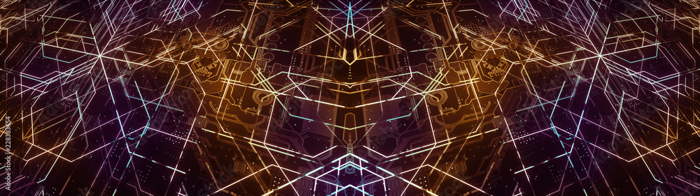 Poster digital electronic circuit board. abstract ultra wide structure of many glowing lines and geometric 