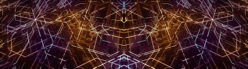 Digital electronic circuit board. Abstract ultra wide structure of many glowing lines and geometric elements. Creative technology concept. Luminous and metal elements on black background. 3d rendering