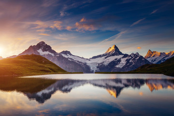 Obraz na płótnie Canvas Panoramic view of the Mt. Schreckhorn and Wetterhorn. Location place Bachalpsee in Swiss alps, Grindelwald valley