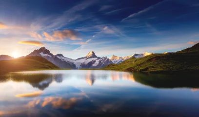 Fototapeten Panoramic view of the Mt. Schreckhorn and Wetterhorn. Location place Bachalpsee in Swiss alps, Grindelwald valley © Leonid Tit
