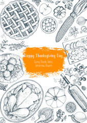 Thanksgiving day top view vector illustration. Food hand drawn sketch. Festive dinner with turkey and potato, apple pie, vegetables, fruits and berries, cheese. Autumn food sketch. Engraved image.