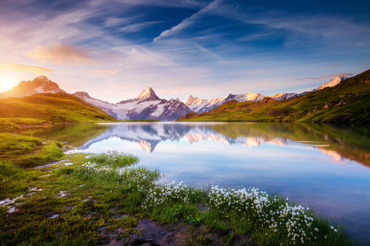 Great view of Mt. Schreckhorn and Wetterhorn above Bachalpsee lake. Location place Swiss alps, Grindelwald valley