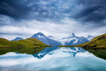 Fototapeten Great view of the snow rocky massif. Location Bachalpsee in Swiss alps, Grindelwald valley. © Leonid Tit
