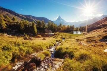 Scenic surroundings with famous peak Matterhorn. Location place Swiss alps, Grindjisee.