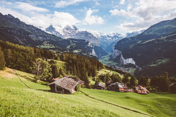 Fototapeta premium Scenic surroundings near the resort Wengen. Location place Swiss alp, Lauterbrunnen valley.