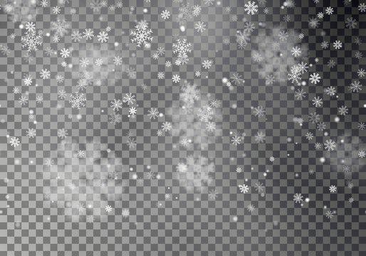 Christmas falling snow vector isolated on dark background. Horizontal seamless snowflake, transparen