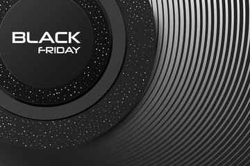 Black Friday sale poster or banner. Commercial discount event banner. Black abstract background with stepped geometric paper shapes and stardust pattern. Vector business illustration. Ads sign.