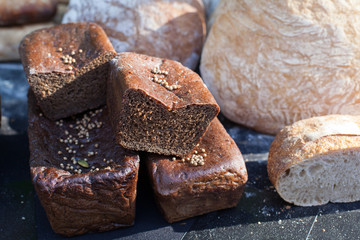 Delicious homemade black bread. Borodinsky bread is a traditional Russian rye-wheat bread