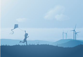 Fototapeta na wymiar Eco energy in nature landscape. Caring for the future of children. On a blue background, a child launches a kite and there are wind power stations