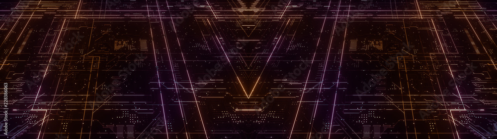 Poster digital electronic circuit board. abstract ultra wide structure of many glowing lines and geometric 