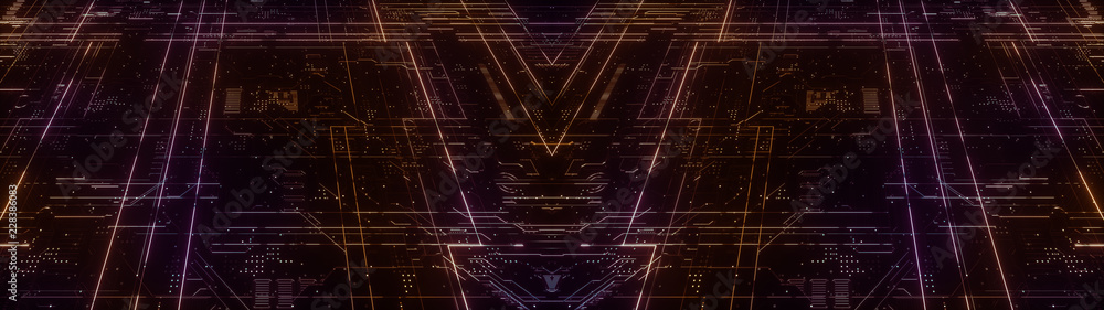 Poster digital electronic circuit board. abstract ultra wide structure of many glowing lines and geometric 