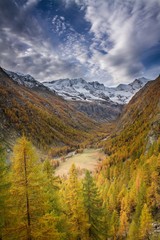 Great view of valley in Gran Paradiso National Park,  Alps, Italy,  dramatic scene, beautiful world. colourful autumn and mountains covered by snow,scenic view with cloudy sky, wallpaper