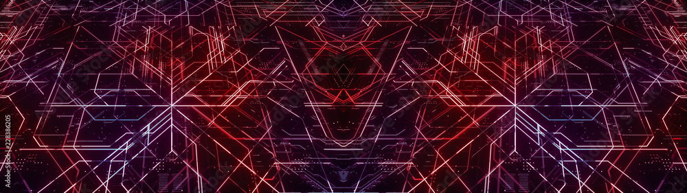 Poster digital electronic circuit board. abstract ultra wide structure of many glowing lines and geometric 
