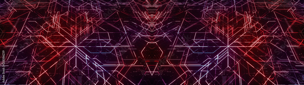 Poster digital electronic circuit board. abstract ultra wide structure of many glowing lines and geometric 