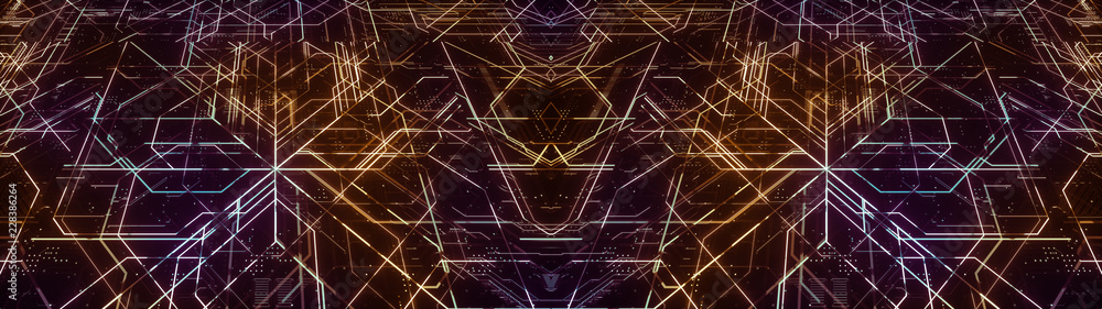 Poster digital electronic circuit board. abstract ultra wide structure of many glowing lines and geometric 