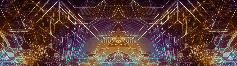 Poster digital electronic circuit board. abstract ultra wide structure of many glowing lines and geometric 