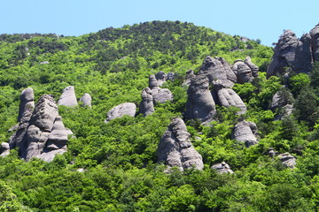 fantastic mountain slope with bright blue sky, natural landscape photo