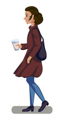The girl in the coat holds a glass of hot coffee. Vector illustration
