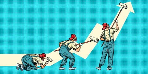 Growth chart up. Painter paints. Three poses