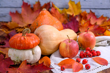 Autumn background. Pumpkins, apples, berries and fallen colorful leaves
