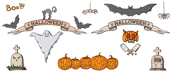 Set of color hand drawn doodle cartoon elements of Halloween celebration.