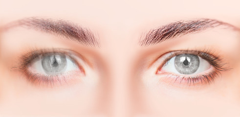 Obraz premium Close-up face of beautiful girl with beautiful grey eyes and big pretty eyelashes