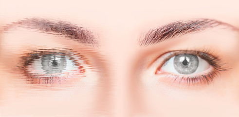 Naklejka premium Close-up face of beautiful girl with beautiful grey eyes and big pretty eyelashes
