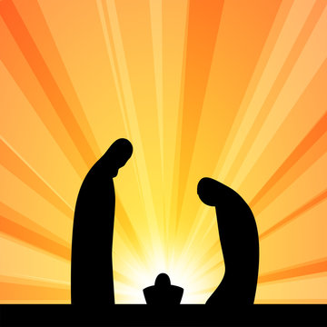 Escena de Navidad. El Ni&ntilde;o Jes&uacute;s con la Virgen Mar&iacute;a y Jos&eacute; en el pesebre de Bel&eacute;n. Siluetas.