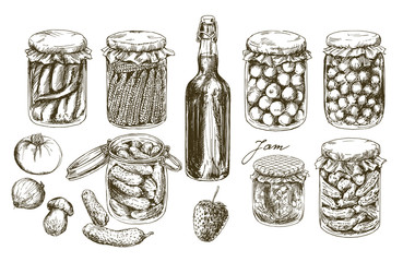 Jars with pickled vegetables and fruits.