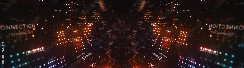 Poster digital structure of many glowing particles. abstract technology concept. creative background. lumin