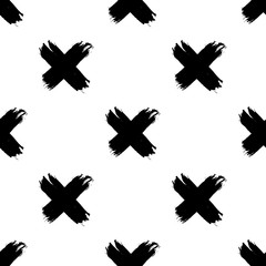 Minimalistic seamless pattern with black crosses on white background. Rough brush painted vector backdrop. Ink grunge texture. 