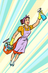woman cleaner, superhero flying. service