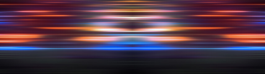 Glowing light stripes in motion over dark ultra wide background. Luminous blurred lines moving fast. Flaring bright streaks. Abstract composition. 3d rendering