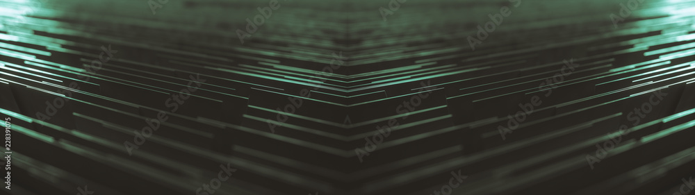 Poster geometric ultra wide background made of many metal walls with glowing light above and depth of field