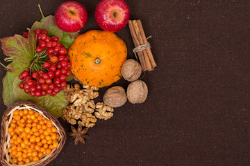 Vitamins of autumn. Berries and leaves of viburnum, sea buckthorn, pumpkin, walnuts, red apples,...