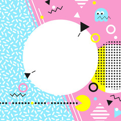 Memphis Style Cards. A combination of blue, pink, white, yellow and black colors.Trend template for design and printing of invitations, posters, covers.