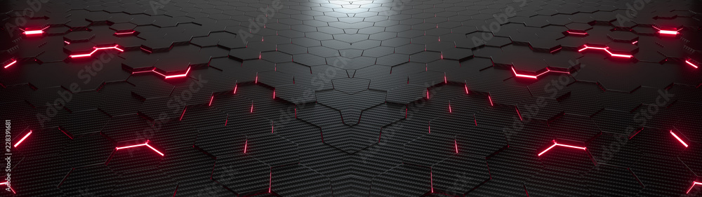 Poster abstract hexagonal geometric ultra wide background. structure of lots of hexagons of carbon fiber wi