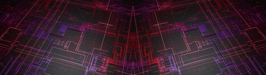Digital electronic circuit board. Abstract structure of many glowing lines and geometric elements. Creative technology concept. Luminous and metal elements on black ultra wide background. 3d rendering