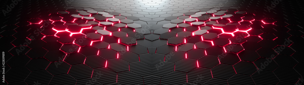 Poster abstract hexagonal geometric ultra wide background. structure of lots of hexagons of carbon fiber wi