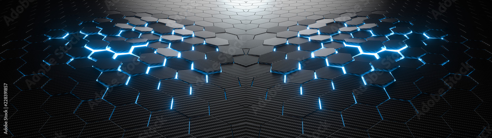 Poster abstract hexagonal geometric ultra wide background. structure of lots of hexagons of carbon fiber wi