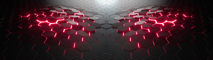 Abstrakter sechseckiger geometrischer ultrabreiter Hintergrund. Struktur aus vielen Sechsecken aus Kohlefaser mit hellem Energielicht, das durch die Risse bricht. 3D-Rendering © S.Gvozd