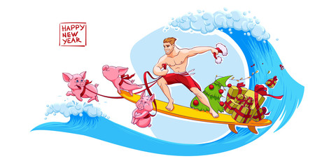 Young Santa Claus is delivering presents on the surfboard with three piggies