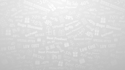 Background on discounts and special offers, made of inscriptions and gift boxes, in white and gray colors