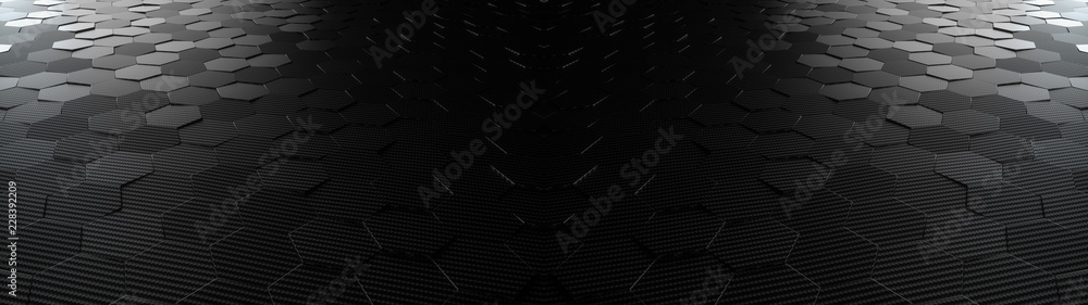 Poster black abstract hexagonal geometric ultra wide background. structure of lots of hexagons of carbon fi
