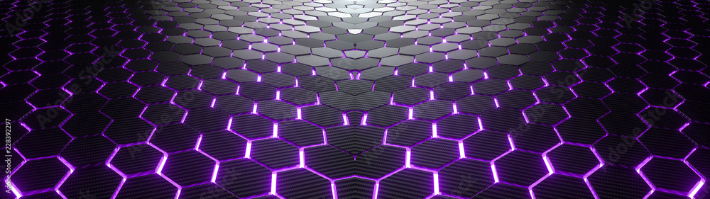 Poster abstract hexagonal geometric ultra wide background. structure of lots of hexagons of carbon fiber wi
