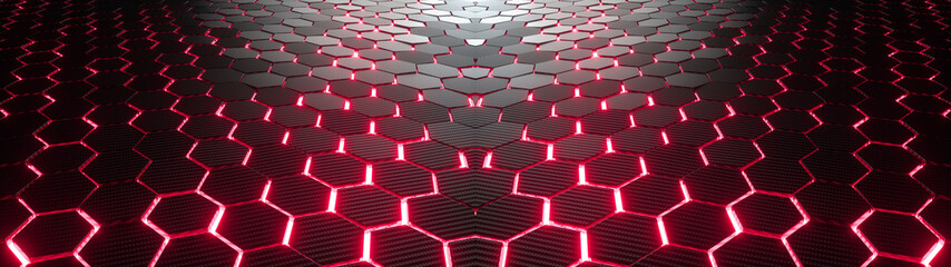 Abstract hexagonal geometric ultra wide background. Structure of lots of hexagons of carbon fiber with bright energy light breaking through the cracks. 3d rendering