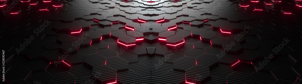 Poster abstract hexagonal geometric ultra wide background. structure of lots of hexagons of carbon fiber wi