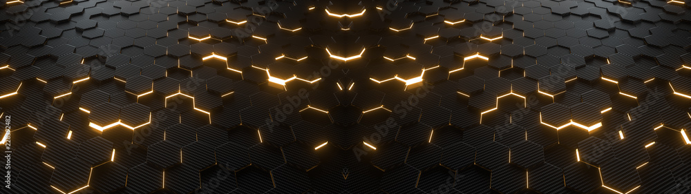 Poster abstract hexagonal geometric ultra wide background. structure of lots of hexagons of carbon fiber wi